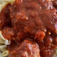 Hearty Homemade Mostaccioli With 1 Meatball · Our mostaccioli is cooked al-dente and covered with our homemade meat marinara sauce and top...
