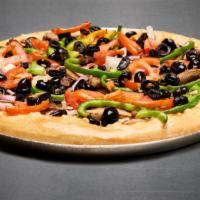 Veggie Supreme Plant Based · Mushrooms, red onions, green peppers, black olives, tomatoes, Plant Based Cheese and pizza s...