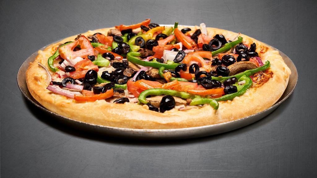 Veggie Supreme Plant Based · Mushrooms, red onions, green peppers, black olives, tomatoes, Plant Based Cheese and pizza sauce.