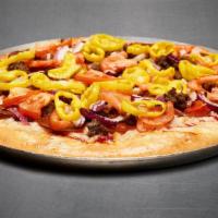 Juliet’S Plant Based Favorite · Plant Based Pepperoni, Plant Based Sausage, banana peppers, red onions, tomatoes, Plant Base...