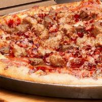 Butchers Shop  · Pepperoni, sausage, ham, bacon, crumbled meatballs, Wisconsin cheese blend and pizza sauce.