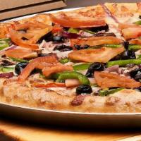 Veggie Supreme · Mushrooms, red onions, green peppers, black olives, tomatoes, Wisconsin cheese blend and piz...