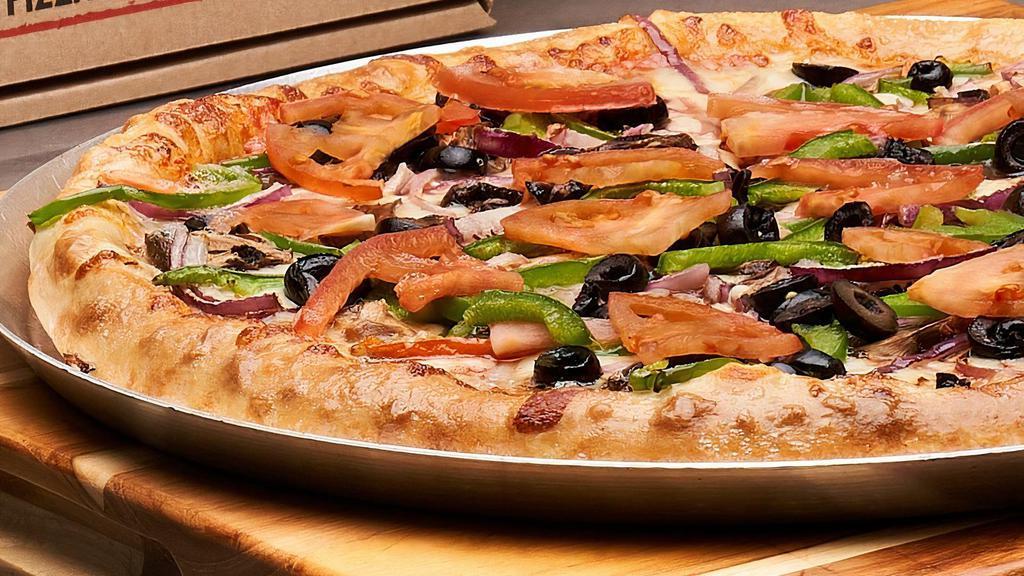 Veggie Supreme · Mushrooms, red onions, green peppers, black olives, tomatoes, Wisconsin cheese blend and pizza sauce.