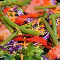 Garden Salad · Spring mix and kale, tomato, red onion, pickled green beans, roasted red peppers, red cabbag...