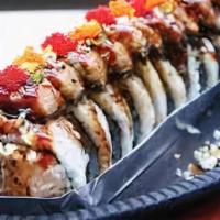 Fire Dragon Roll (8Pc) · Shrimp tempura, cucumber, jalapeno topped with spicy tuna, tempura flake