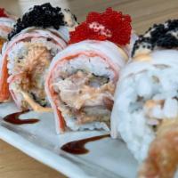 Scarlet & Grey (8Pc) · Spicy tuna, shrimp tempura topped with crab salad, red and black tobiko