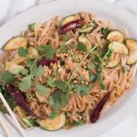 Phad Thai · Rice noodles with bean sprouts, egg, tossed in a wok with fish sauce vinaigrette topped with...