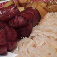 Fried Klobasa Sandwich / Klobasa · Served in jumbo roll, ketchup or mustard. Add Czech sauerkraut (sweet and sour with bacon bi...