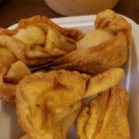 Crab Rangoon (6) · Six pieces. A mixture of crab meat, cream cheese, celery and homemade sauces, wrapped in thi...