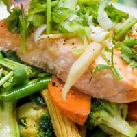 Cozy Salmon Special · Steamed Norway salmon fillet marinated with fresh garlic and shredded ginger laid on mixed g...