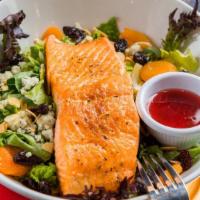 Apricot Salmon Salad · Mixed greens with dried apricots, dried cherries, walnuts, bleu cheese, and fresh broiled sa...