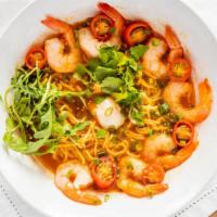 *Spicy Shrimp Ramen · Spicy shrimp ramen tom yum broth, shrimp, poached egg. arugula, cherry tomatoes, cilantro.