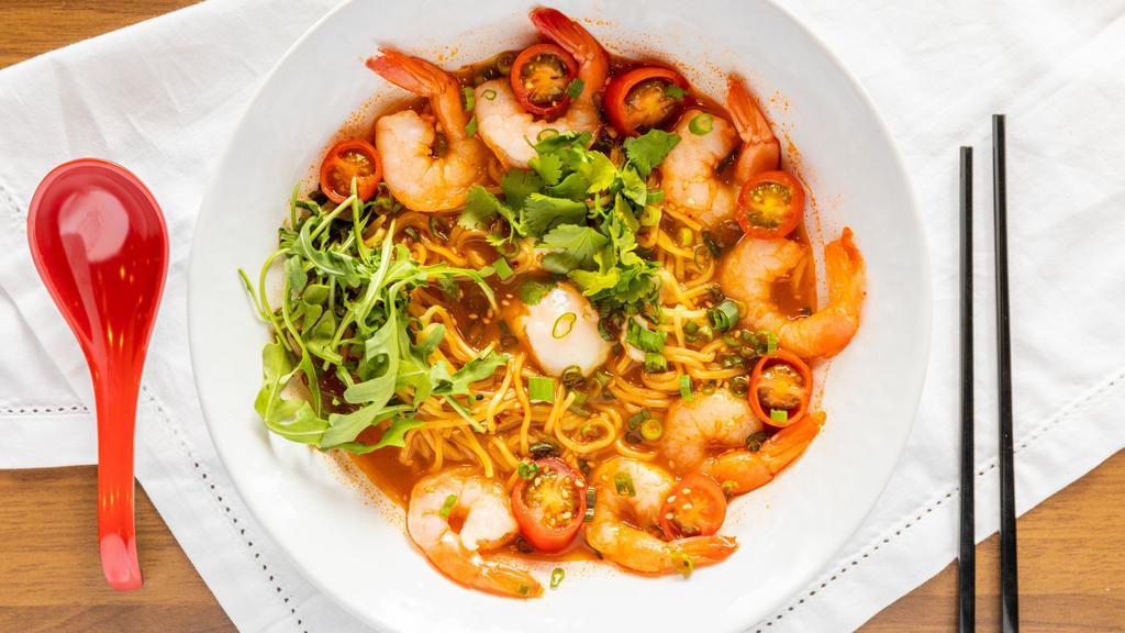 *Spicy Shrimp Ramen · Spicy shrimp ramen tom yum broth, shrimp, poached egg. arugula, cherry tomatoes, cilantro.