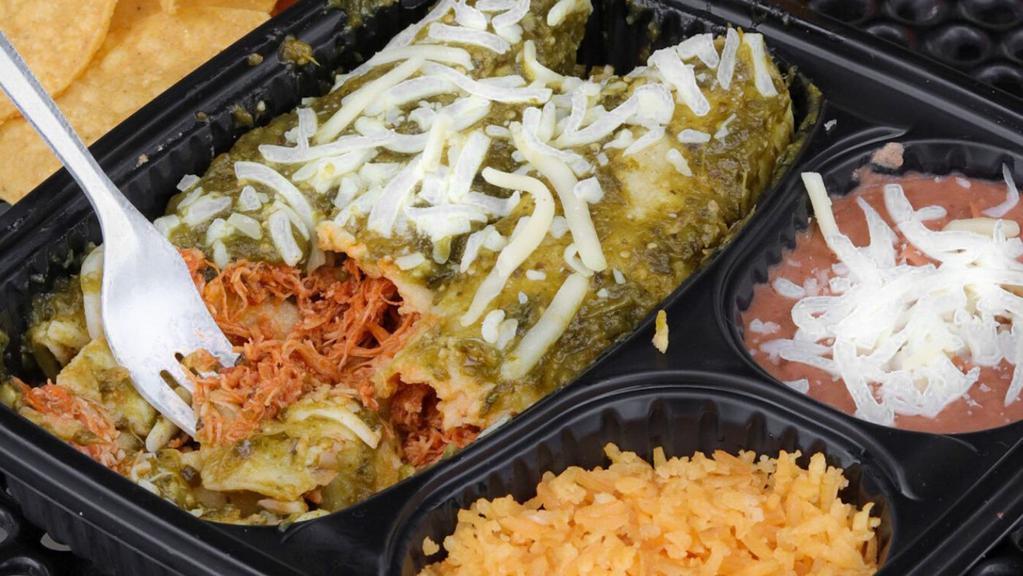 Chicken Enchiladas · Three corn tortillas filled with shredded chicken, sautéed vegetables, and topped with melted cheese and poblano salsa. Served with refried beans and rice on the side. 
Comes with a side of corn tortilla chips. 
Choose side of hot, mild or guacamole salsa.