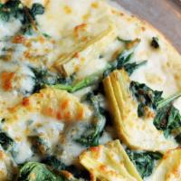 Spinach-Artichoke
 · Vegetarian. White sauce, artichoke hearts, spinach, mozzarella, pecorino-romano cheese.