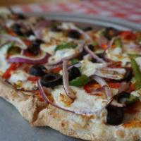 The Garden Focaccia (Pinsa) · Pinsa crust, San Marzano tomato sauce, green peppers, red peppers, black olives, red onions,...