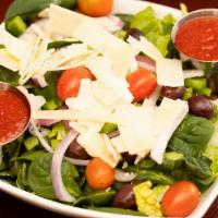 Moni’S Salad · Romaine, green leaf, spinach, kalamata olives, red onions, green bell pepper, tri-colored to...