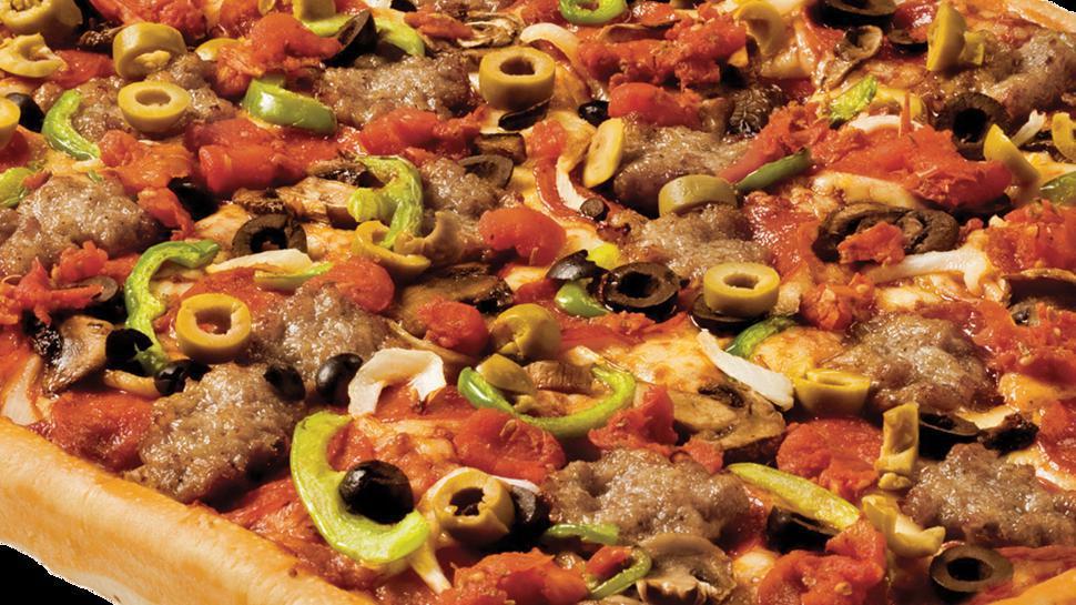 The Works Pizza Large · Italian sausage, pepperoni, fresh mushrooms, onions, green peppers, black and green olives and diced tomatoes. 400/410 cal/piece.