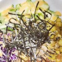 Chana Poke Bowl · Nut free, gluten free, can be oil free and sugar free without spicy mayo and fried shallots ...