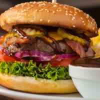 Bbq Cheeseburger · Mouthwatering Burger topped with cheese, BBQ sauce, lettuce, tomato, onion, and pickles.