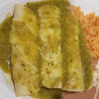Enchiladas Verdes · Your choice of three beef or chicken enchiladas, topped with green sauce, served with rice a...