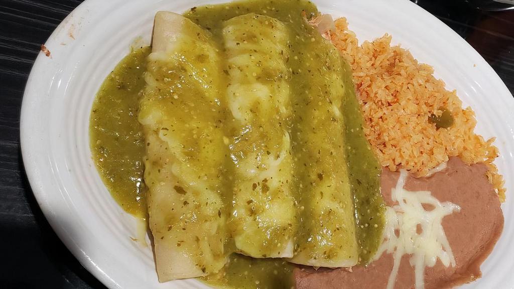Enchiladas Verdes · Your choice of three beef or chicken enchiladas, topped with green sauce, served with rice and beans.