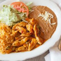 Tequila Diablo Chicken · Grilled chicken breast and sauteed with diablo salsa. Served with rice, beans, guacamole, so...