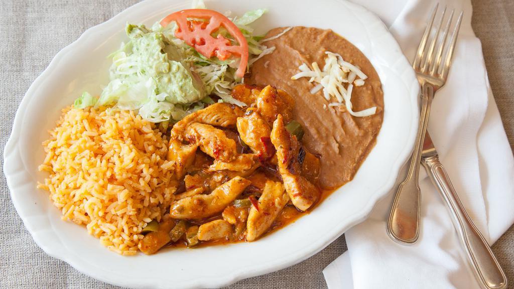 Tequila Diablo Chicken · Grilled chicken breast and sauteed with diablo salsa. Served with rice, beans, guacamole, sour cream and tortillas.