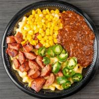 Chili Dawg Mac Box · Vienna beef hot dog, chili, jalapenos, corn salsa