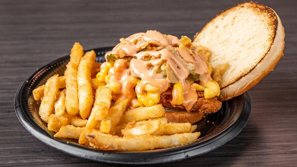 G. Mac Sandwich · Smash burger or Crispy Chicken, mac n cheese, crispy onions, pickles, and lucky sauce