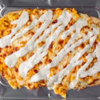 Extra Cheesy Mac Flatbread · Garlic sauce base, mozzarella, extra mac n cheese, melted cheese, garlic sauce on top