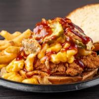 Bbq Mac Sandwich · Crispy Chicken or Smash Burger,  mac n cheese, crispy onions, pickles, and bbq sauce