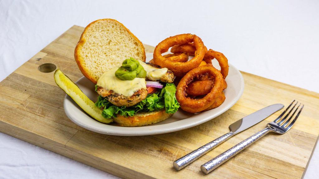 Guacamole Chicken Sandwich · Grilled chicken topped with pepper jack, guacamole, lettuce, and tomato. Served on toasted bun with side of chipotle mayonnaise.