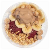 P B Powerbowl · 3 (20z) scoop of Acai +peanut butter froyo topprd with granola+banana+cookie doughbites