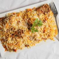 Mutton Biryani · Chunks of mutton cooked in a biryani masala then steamed with layers of basmati rice.