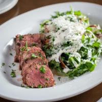 Ny Strip Steak Salad · grilled NY strip steak with arugula, crispy potatoes, wild mushrooms, manchego, bearnaise vi...