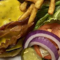 Bacon Cheese Burger · 1/2 lb house blend of ribeye sirloin and chuck , thick-cut applewood smoked bacon, American ...