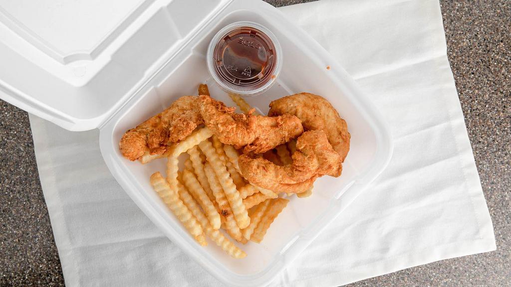 Chicken Tenders With Fries · Hand-breaded fresh chicken tenders served with your choice of breading style and choice of one cup of dipping sauce.