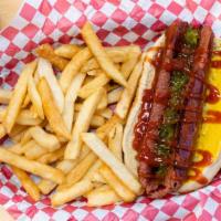Beef Sausage On A Bun (Meal) · Meal includes fries & drink. Quarter pound Beef frank with mustard & relish.