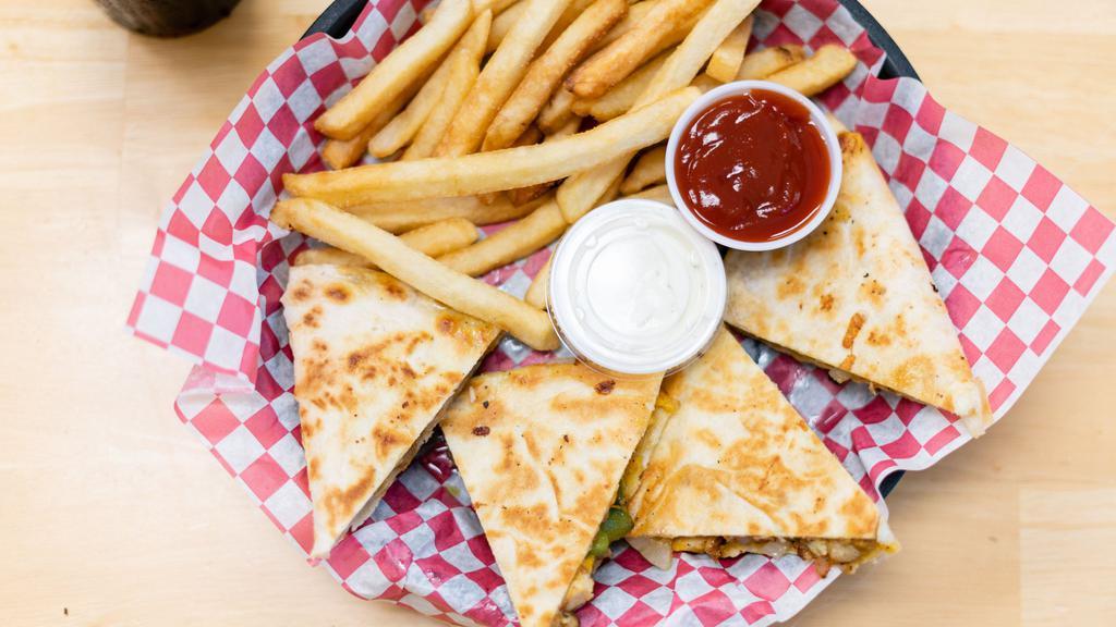 Quesadilla (Meal) · Meal includes fries & drink. Grilled Chicken or Ground Beef. Grilled onion, bell pepper & cheese with Sour cream.