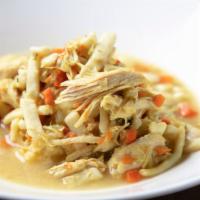Chicken & Noodles · flavorful broth with chicken + carrots + celery + herbs + homestyle egg noodles + served ove...