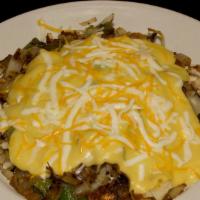 Cajun Breakfast With Eggs & Toast · Two eggs, onions, mushrooms, green pepper served on hashbrowns topped with melted cheese, Ca...