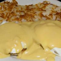 Eggs Benedict · Two eggs poached, hashbrowns, prepared either classic, Cajun or florentine on English muffin...