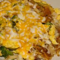 Veggie Scrambler · Choice of 3 vegetables, three scrambled eggs, hashbrowns, mixed melted cheese and toast. Cho...