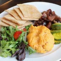 Pimento Cheese Plate · with house buttermilk crackers, candied pecans, bread & butter pickles and pecan-smoked baco...