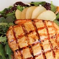 Grilled Salmon Salad · Sorghum-glazed salmon over spinach & mixed greens with sweet potato, dried cranberries, cand...
