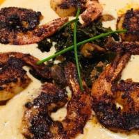 Shrimp & Grits · Cajun-charred gulf shrimp, Anson Mills white cheddar grits, collard greens, grilled squash, ...