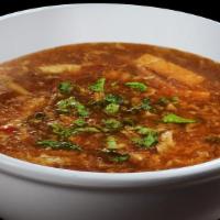 Hot & Sour Soup · Gluten free. Black mushroom, bamboo, tofu, and egg in a broth made with spices and rice vine...