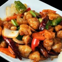 Kung Pao · Marinated tofu, chicken, beef or shrimp stir-fried with bell pepper, onion, carrot, jalapeño...