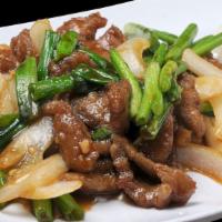 Mongolian · Marinated Tofu, chicken, beef or shrimp cooked with yellow onion, green onion, and garlic. C...